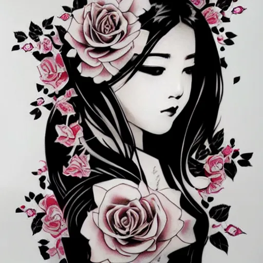 Image similar to tattoo design, stencil, cat girl, portrait of a beautiful japanese girls face framed by roses by artgerm, artgerm