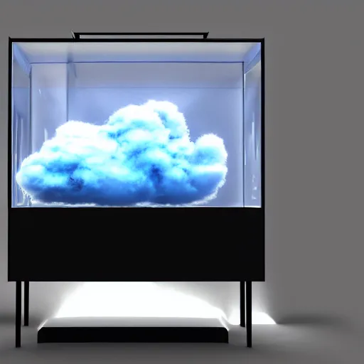 Image similar to cloud in a fish - tank in front of a window, hyper realistic, octane render