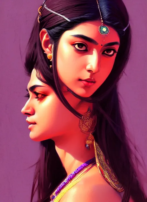 Image similar to a comic portrait of an indian goddess, fine - face, realistic shaded perfect face, fine details. night setting. very anime style. realistic shaded lighting poster by ilya kuvshinov katsuhiro, magali villeneuve, artgerm, jeremy lipkin and michael garmash, rob rey and kentaro miura style, trending on art station