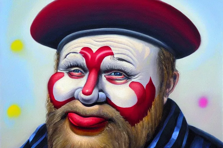 Image similar to putin as a clean-shaven sad hobo clown. head shot portrait. oil painting by emmett kelly.