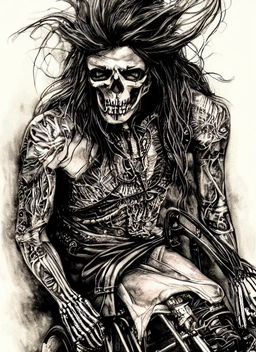 Prompt: portrait, Long haired biker skeleton in a wheelchair, has tattoos, watercolor, dramatic lighting, cinematic, establishing shot, extremely high detail, foto realistic, cinematic lighting, pen and ink, intricate line drawings, by Yoshitaka Amano, Ruan Jia, Kentaro Miura, Artgerm, post processed, concept art, artstation, matte painting, style by eddie mendoza, raphael lacoste, alex ross