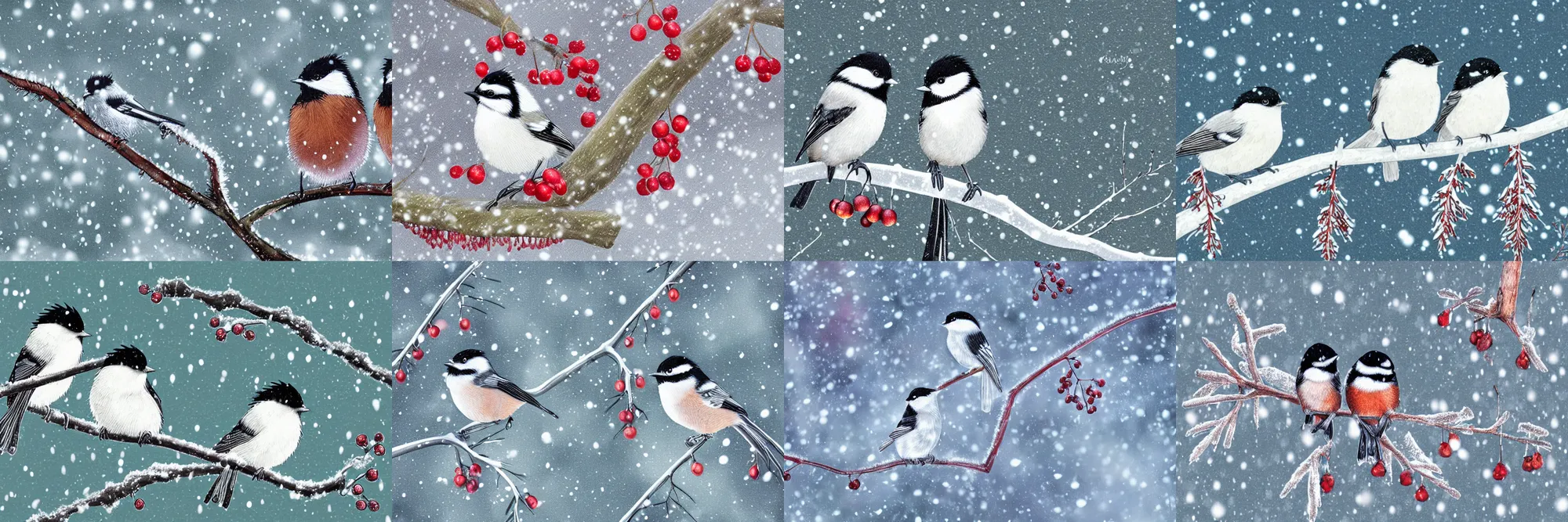 Prompt: a pair of chickadees sitting on the branch of a mountain ash tree, with red berries and icicles hanging down, in the winter, snowing, gray sky with wispy clouds, in the style of studio ghibli, highly detailed digital art