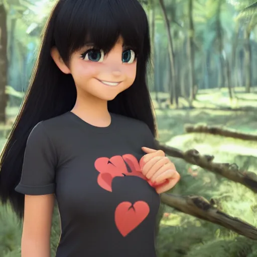 Image similar to 8k render, cinematic, semi-realistic, Instagram art, Pixar style Latina anime girl 3d, cute face black hair, curtain bangs, Latina, brunette, white t-shirt with red sleeves, wearing jeans, has fire powers, her hair is on fire, her hands are on fire powerful, she is in a forest, tropical forest, lots of foliage, character, trending on Deviantart