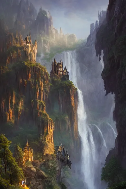 Prompt: a beautiful digital painting of an elven castle, carried by gigantic human statues, huge waterfalls, lovely valley by James Gurney, by Greg Rutkowski, concept art, volumetric lighting, intricate, vivid colors, octane render, trending on artstation, 8k