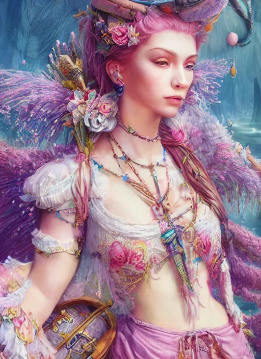 Image similar to detailed realistic full body colorful pastel painting of a pirate female in intricate clothing, beautiful face, elegant pose, fantasy, illustration, insanely detailed and intricate, octane render, 4k