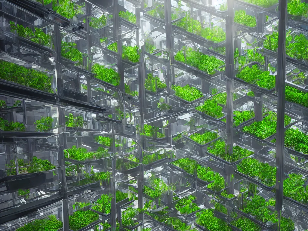 Image similar to futuristic vertical farm growing food in a cyberpunk high rise, 3 point perspective, atmospheric, morning light, foggy, ultra - hd, ultra - realistic