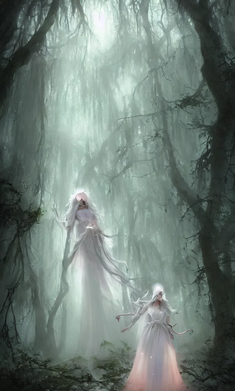 Prompt: beautiful pastel witch dress in white in a glade in a misty path of the ancient forest at dusk., wearing veil with rococo ornaments, atmospheric, in a spotlight, character design, concept art, cinematic, beautiful lighting, hyper details, beatiful art by Lêon François Comerre, Craig Mullins, Peter Mohrbacher, red and cream, artstation, unreal engine, highly detailed environment HD, Maxon Cinema 4D render, 8K, dark beauty, by Jean-Baptiste Regnault, agostino arrivabene, Botticelli and, Fabio Timpanaro, samori, rubens, trending on artstation