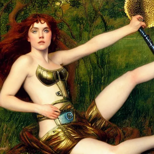 Prompt: da pre raphaelite painting of daisy ridley as barbarella by dante gabriel rossett