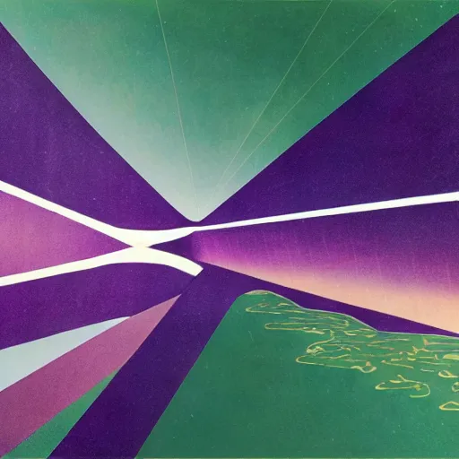Image similar to a dark matter piece of purple sky with a green sun falls to the ground and breaks into fragments, metallic bridge, futurism, schizophrenia, hyperrealistic fall