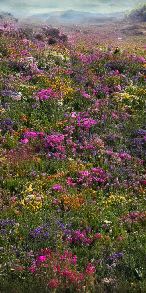 Image similar to an aesthetic field of flowers, alpines, greg rutkowski, zabrocki, karlkka, jayison devadas, trending on artstation, 8 k, ultra wide angle, zenith view, pincushion lens effect