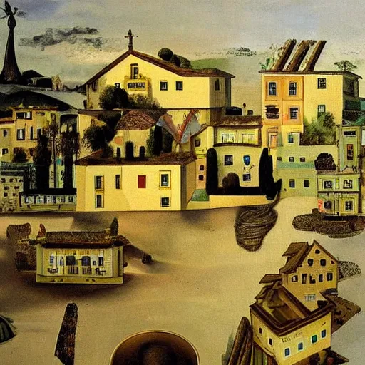 Image similar to solarpunk dreaming new York stock exchange in a toscana landscape with modern houses, painted by Salvador Dali, highly detailed