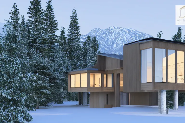 Image similar to modern modern fachwerk house with in the forest on the foot of Elbrus mountain covered by snow on the background, architecture, 3d render 8k , high details