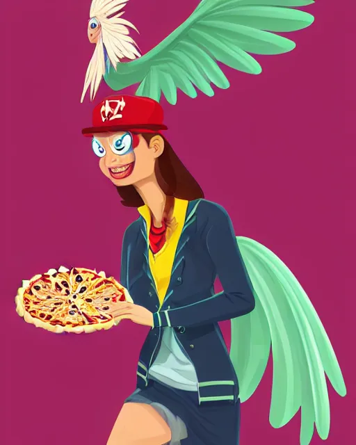 Prompt: female harpy as a pizz box delivery woman, bird human hybrid with feathery bird arms and talon bird feet, flying through the air holding a cardboard pizza box, wearing a pizza delivery uniform. feathers for hair, cute, dynamic character design, stunning, highly detailed digital illustration, crisp linework, top rated on artstation, stylized urban fantasy artwork