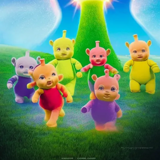 Image similar to The Teletubbies play in front of a large nuclear explosion that has created a large nuclear mushroom and is totally oblivious to the fact that the city is in flames and everyone die. Elegant, intricate, digital painting, artstation, concept art, smooth, sharp focus, illustration, art by artgerm and greg rutkowski and alphonse mucha