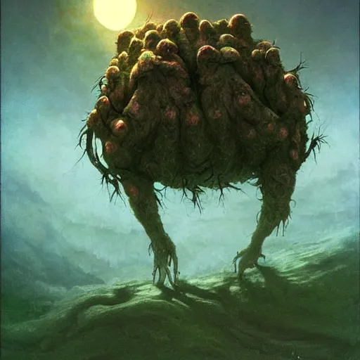 Image similar to fractal tardigrade terror and horror painting descending on earth, by greg rutkowski and studio ghibli, inspired by zdzisław beksinski, cinematic, atmospheric, dramatic colors, dawn.