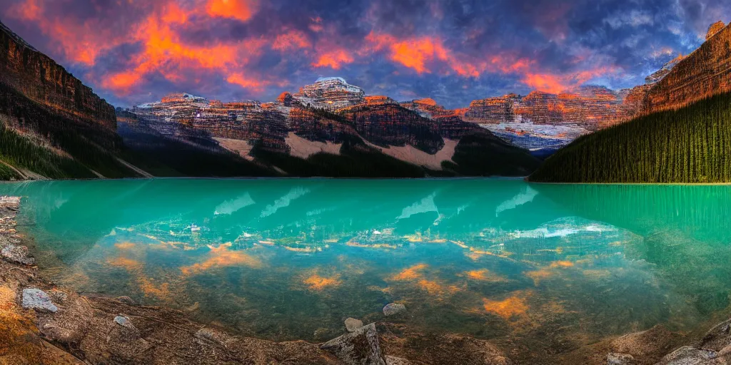 Image similar to lake louise panaroma at dawn detailed luminescent oil painting 4 k