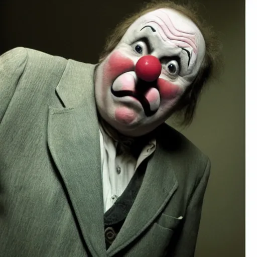 Prompt: a man as a clown in a Roy Andersson movie