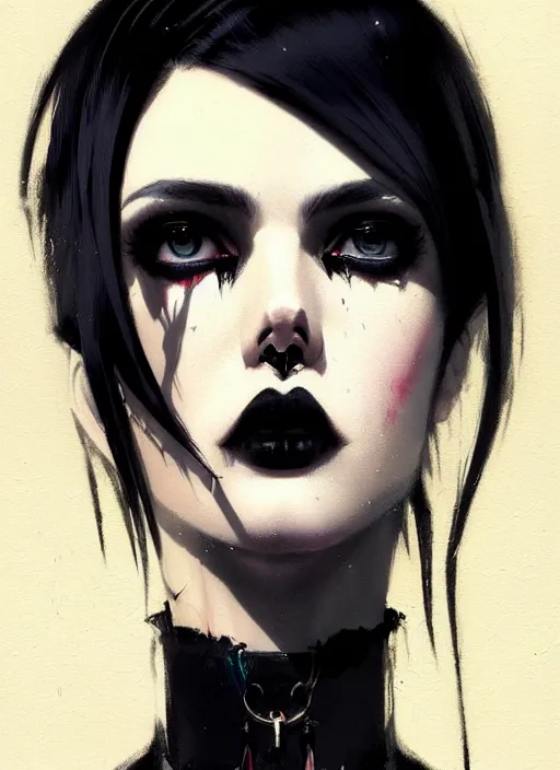 Image similar to ultradetailed beautiful panting of a stylish goth woman wearing a shirt with a tie, she has black hair, distressed, by greg rutkowski, ashley wood, ilya kuvshinov, on artstation