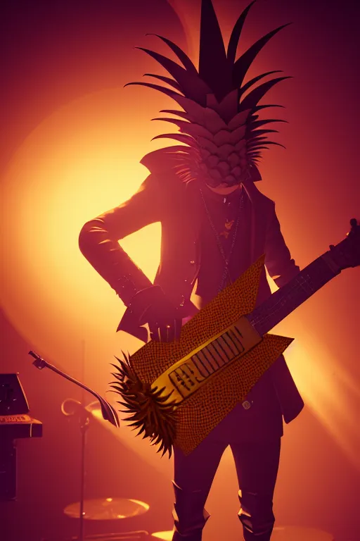 Image similar to a steampunk pineapple, playing electric guitar at a night club, focus on the musicians, cinematic lighting, exaggerated detailed, unreal engine, octane render, trending on artstation, art by greg rutkowski, 4 k