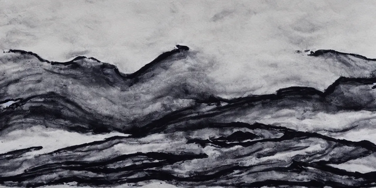 Image similar to laurentian mountains in winter, semi - abstract black ink landscape painting