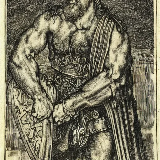 Image similar to albrecht durer woodcut portrait of a tattooed warrior celt man on a field