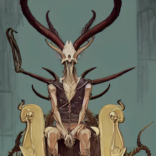 Prompt: concept art painting of a dragonlike anthropomorphic humanoid creature with a long dragon neck and horned skull mask, sitting on a throne, realistic, detailed, cel shaded, in the style of makoto shinkai and greg rutkowski and studio ghibli and moebius