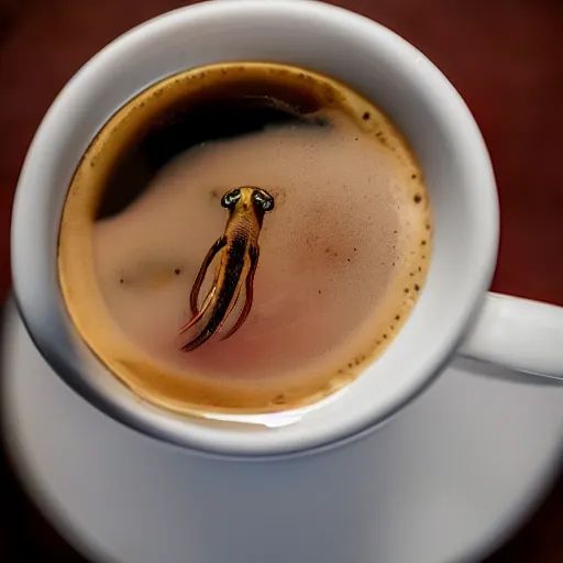 Image similar to a squid swimming in a cup of coffee, professional photography