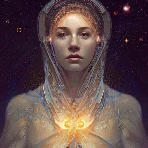 Prompt: portrait of the entity of the universe, body made of intricate stars and galaxies filaments, cosmic, space, intricate, headshot, highly detailed, digital painting, artstation, concept art, sharp focus, cinematic lighting, illustration, art by artgerm and greg rutkowski, alphonse mucha, cgsociety