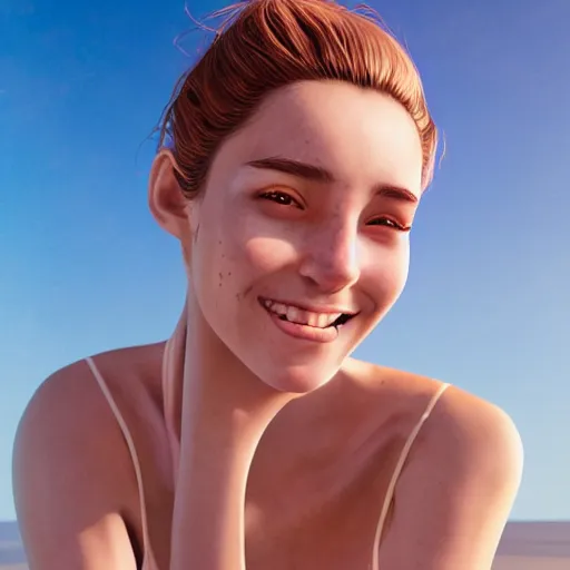 Image similar to portrait of a cute thin young woman, red blush, cute freckles, smug smile, modern clothes, relaxing on the beach, golden hour, close up shot, 8 k, art by irakli nadar, hyperrealism, hyperdetailed, ultra realistic