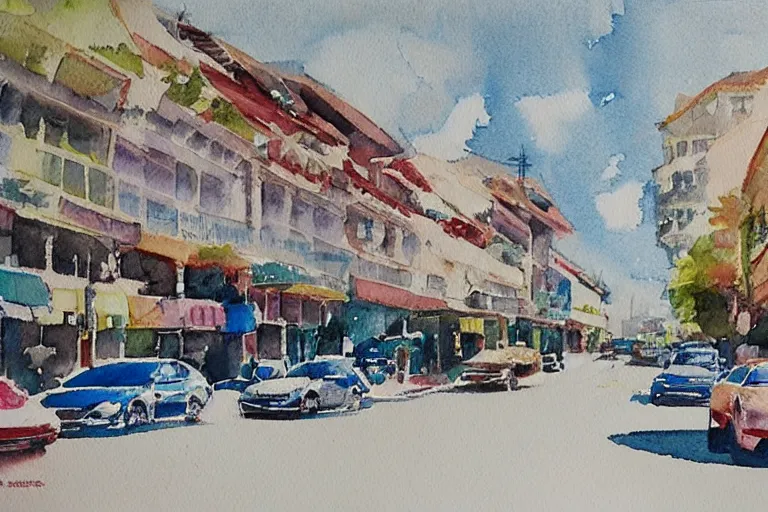 Prompt: !! watercolor!! penang road in a sunny day, artwork by tooth wu, colorful contrast,!!!! very coherent!!!!, dark shadow, thick lineart