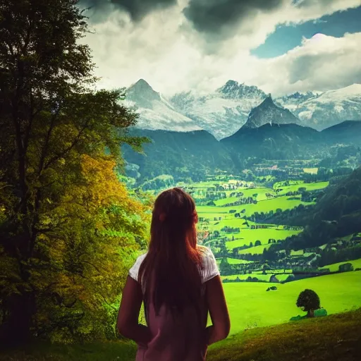 Image similar to a beautiful photograph of a girl with switzerland landscape in the background with trees, hdr, 8 k, high quality, sharp focus, artstation, highly detailed, award - winning, dramatic lighting, beautiful clouds, and nature