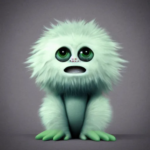 Image similar to small fluffy sad cute monster with big eyes, lsd - color, 3 d, photorealistic, ultra - details, trending on artstation