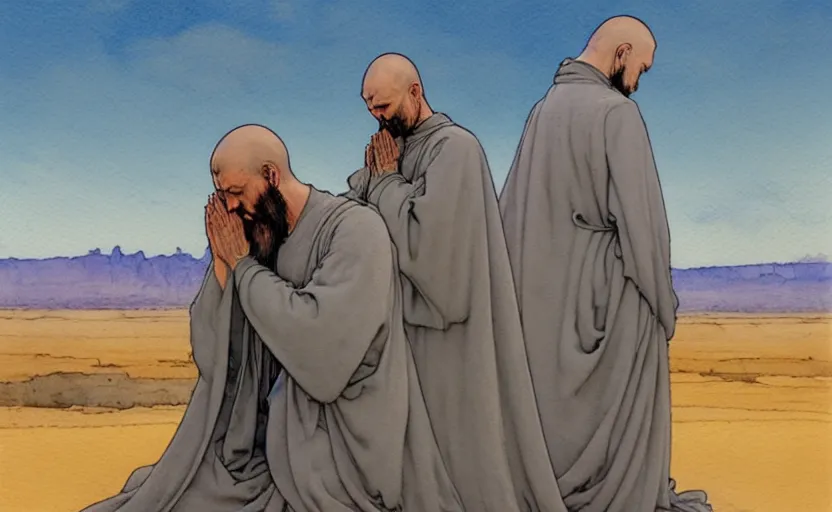 Image similar to a hyperrealist watercolour concept art of a medieval monk in grey robes kneeling in prayer on a desert road. a large space - time bending portal is above them in the sky. by rebecca guay, michael kaluta, charles vess and jean moebius giraud. high detail, hq, wide shot