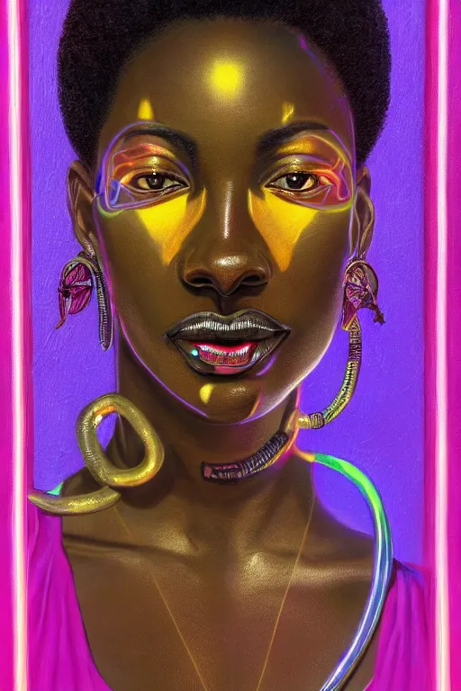 Image similar to detailed portrait of a beautiful African female with face augmentations, strong neon lighting, Afrofuturism, extravagant mechanical gold jewelry, by glenn fabry, hyper realistic, HD, oil on canvas