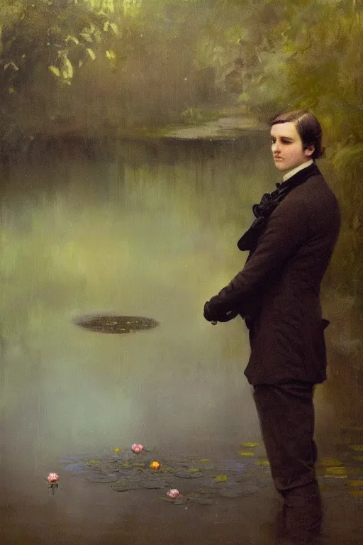 Image similar to detailed cinematic moody colors studio portrait of a young victorian gentleman in a beautiful victorian water pond, water lilies, high quality by jeremy mann, only one head single portrait