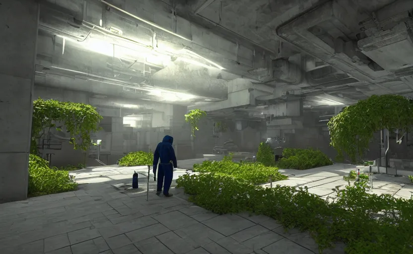 Prompt: in-game screenshot of hazmat scientists on unreal engine 5, in a liminal underground garden, photorealistic, retrofuturism, brutalism, staggered terraces, minimalist, soft vintage glow