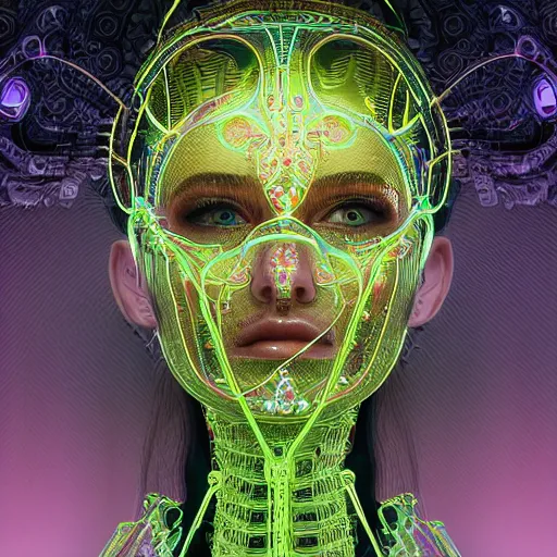 Prompt: very beautiful woman integrating with technology, full face frontal centered, portrait, insipiring, detailed intricate ornate neon pulsating cables connected to head, green big eyes, luxurious detailed abundent wiring and implants, gold, renaissance, sci - fi, detailed technology background with cyber flowers and insects, dramatic lighting, photography, highly detailed, artstation, 8 k,