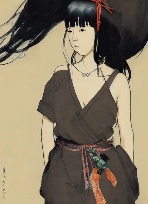 Prompt: painting of a young japanese woman standing in harajuku street, confident pose, intricate, elegant, sharp focus, illustration, highly detailed, concept art, art by frank frazetta