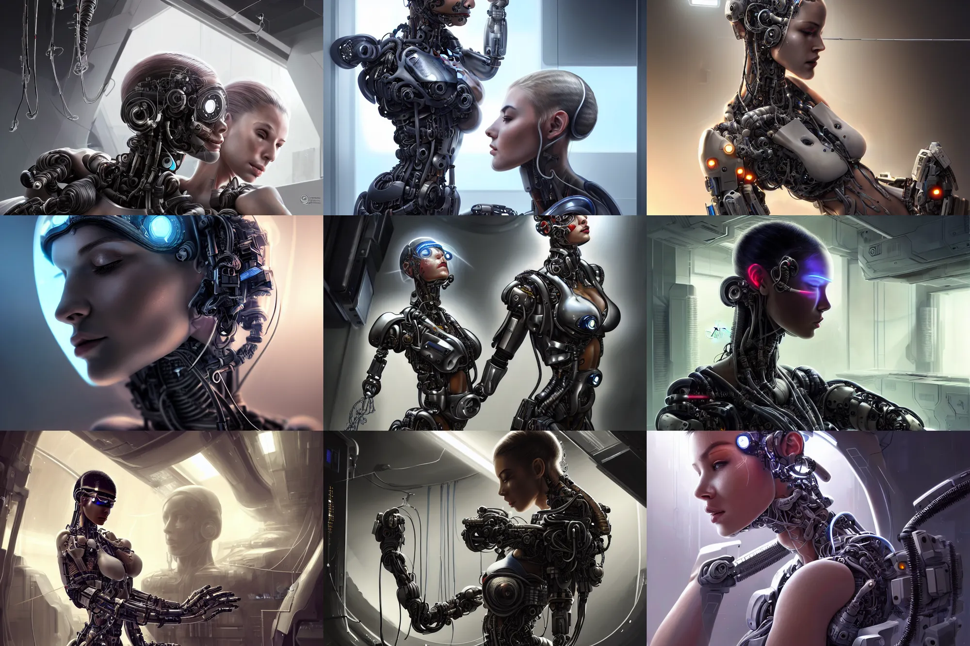 Prompt: Ultra realistic illustration, incredibly beautiful and alluring damaged female spec ops cyborg being repaired in a futuristic super advanced military medical bay with cables hanging from ceiling, beautiful face, voluptuous body, beautiful alluring science observing, cyberpunk, sci-fi, fantasy, intricate, elegant, highly detailed, digital painting, artstation, concept art, smooth, sharp focus, illustration, dramatic lighting, art by artgerm and greg rutkowski and alphonse mucha
