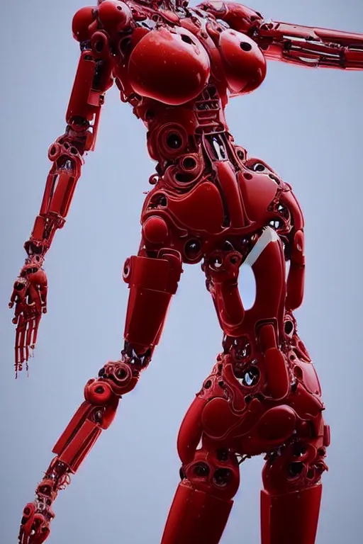 Image similar to a statue made of red marble, of an beautiful chinese girl, full body shot, perfect body, white biomechanical, inflateble shapes, wearing epic bionic cyborg implants, masterpiece, intricate, biopunk futuristic wardrobe, vogue, highly detailed, artstation, concept art, background galaxy, cyberpunk, octane render