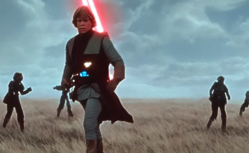 Image similar to screenshot portrait of Luke Skywalker running in a windy fiery battlefield with scattered parts of AT-AT walkers, with young jedi army behind him, iconic scene from 1983 film by Stanley Kubrick, last jedi, 4k HD, movie still, explosions, cinematic lighting, beautiful portrait of Mark Hammill, moody scene, stunning cinematography, anamorphic lenses, kodak color film stock