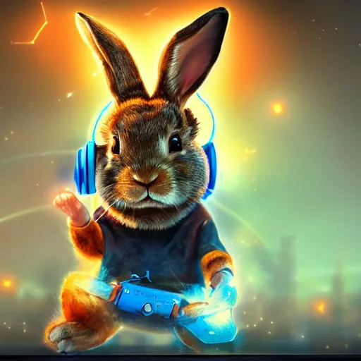 Image similar to A rabbit playing video games, uplifting , wearing a headset, fantasy, digital painting, trending on ArtStation, HDR shot