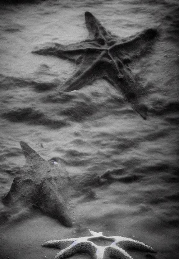 Image similar to North korean starfish monster, kaiju-eiga, thriller, monochrome, film grain, flare, backlit