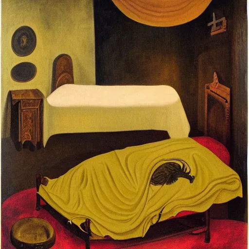 Image similar to portrait of a young sleeping dragon, dimmed light golden foil bed, Leonora Carrington painting