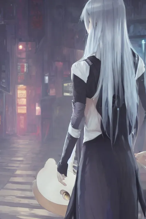 Image similar to a white haired girl with a guitar on her back shopping at a convenience store at night, grey and dark theme, s line, 4 5 angel by krenz cushart and mucha and makoto shinkai and akihito yoshida and greg rutkowski, nier : automata inspired, 4 k resolution