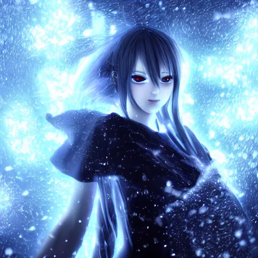 Prompt: photorealistic full body shot of masterpiece angry darkness anime girl, beautifull lovely eyes, electric aura with particles, snowing frozen ice, darkness background, detailed, unreal engine 4 k, volumetric light, fog