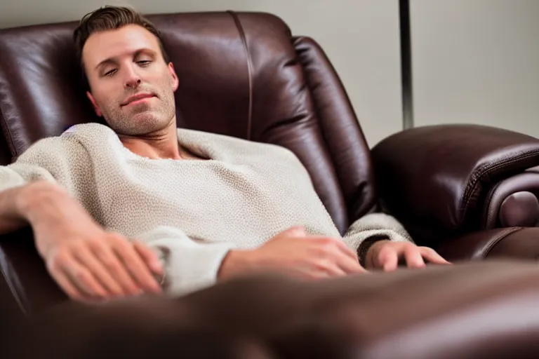 Image similar to a caucasian man relaxing on a brown reclined leather chair