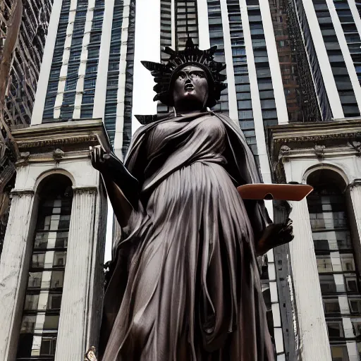 Prompt: A colossal 1880s neoclassical oxidized copper sculpture of the robed Roman liberty goddess, Libertas, clutching a tablet in one hand and holding up a torch with her other. She wears a radiate diadem upon her head. Outdoors, against a very distant New York skyline.