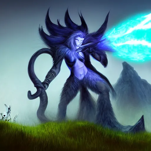 Image similar to world of warcraft, Sodlu the troll druid, landscape, lightning,