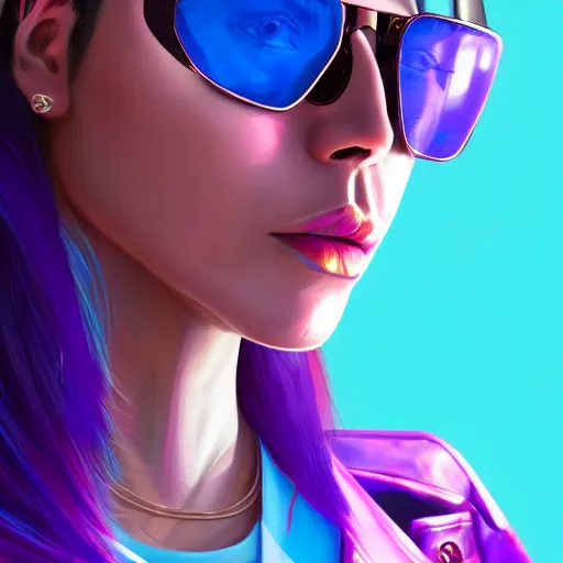 Image similar to closeup painting of a very beautiful young mexican cyberpunk woman with a smirk, wearing light blue shutter shades and a purple coloured leather jacket, one side haircut, long brown hair with light blue ends, portrait, hyperdetailed, artstation, cgsociety, 8 k, synthwave!!! image